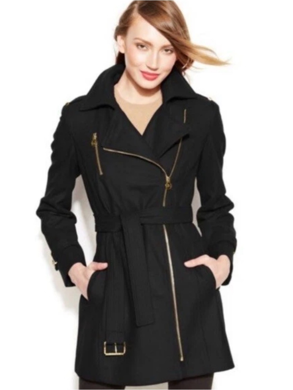 Michael Kors Black Asymmetrical Zip Trench Coat with Belt
